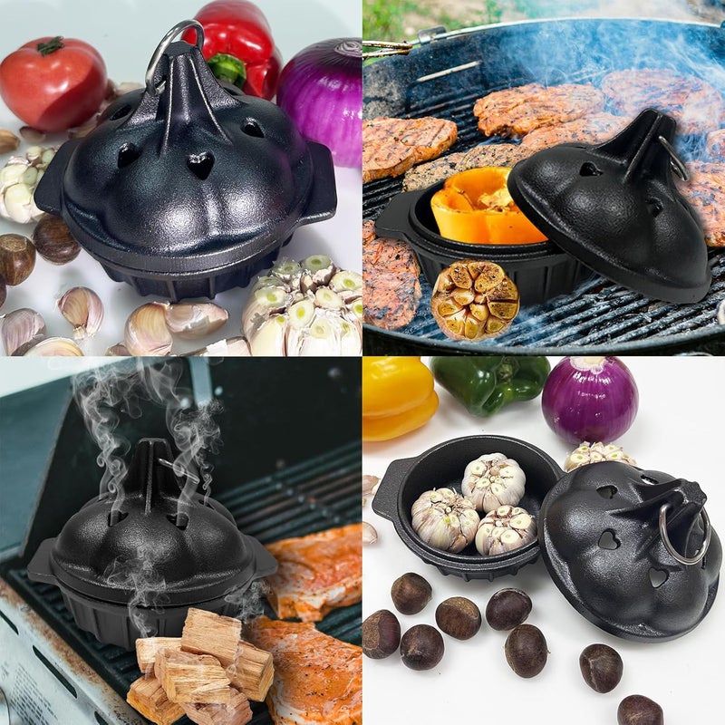 ENEM Small Cast Iron Garlic Roaster with 4 Iron Fish, Pre-Seasoned Smoker Roaster, Garlic Cooker, Garlic Roasting Pot, Mini Cocotte Garlic Potato Baker, Wood Chip Smoker Box for BBQ Meats Vegetables - Image 3